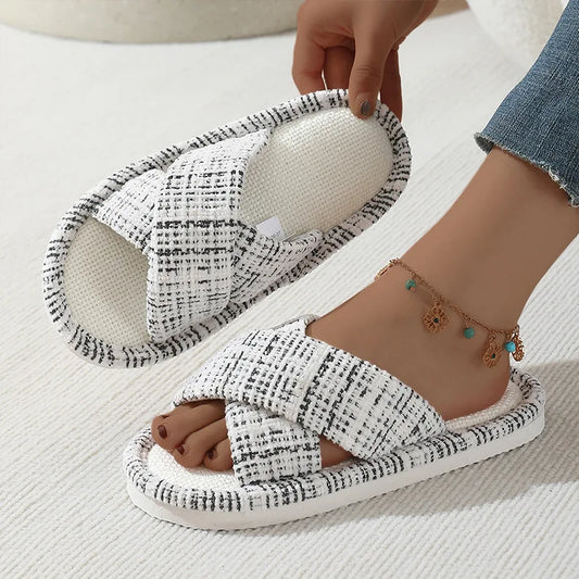 Women's Anti-Slip Cross Strap Flat Slides & Summer Slippers Women's Flat Slides Peaceful Pleasures Health and Wellness White 44-45