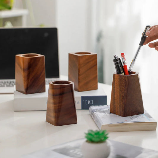 Walnut Wood Pen Holder Desktop Organiser | Vintage Office Cup Wood Pen Holder Oasis Select