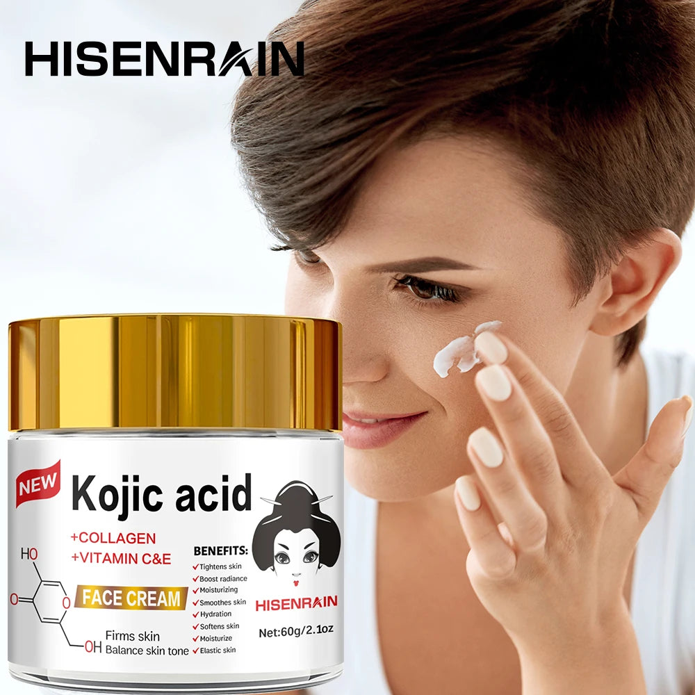 HISENRAIN Kojic Acid Cream - Brightening Glass Jar Face Moisturizer, Anti Dark Spots, Skin Whitening & Anti-Aging, for All Skin Peaceful Pleasures Health and Wellness