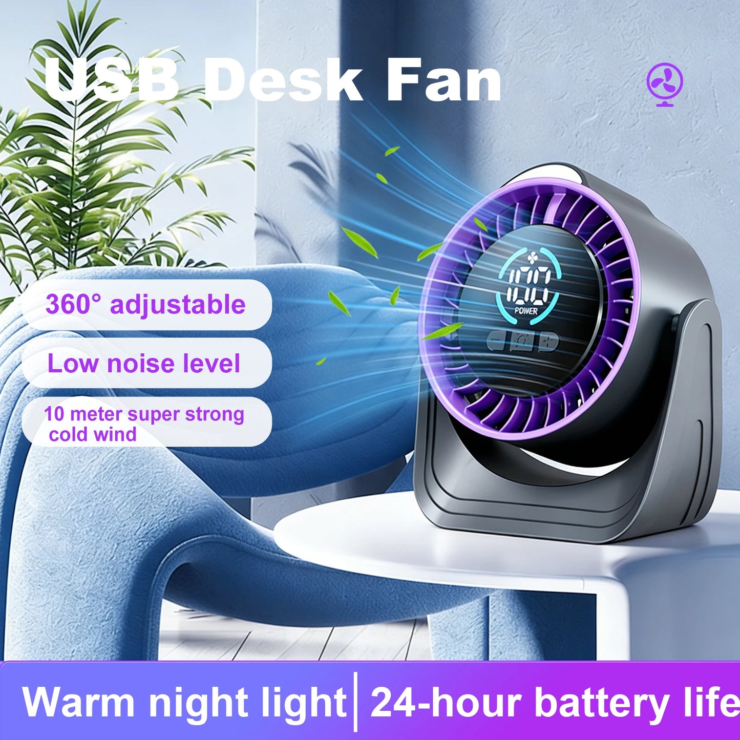 ZNLYRION Rechargeable USB Desk Air Circulation Fan 360° Adjustable 100 Speeds Quiet Table Cooling Fan with Night Light 24H Long Battery Life For Home Office Bedroom Peaceful Pleasures Health and Wellness