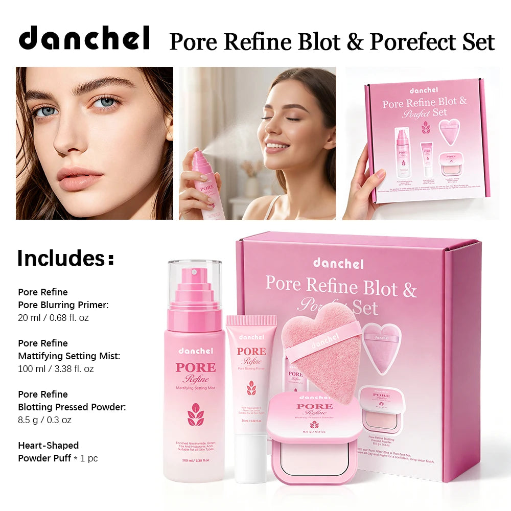 Pore Refine Blot & Porefect Set Pore-Blurring 12h Matte Oil Control Primer, Setting Spray, Touch-up, Powder Puff 4PCS Makeup Kit Peaceful Pleasures Health and Wellness SET