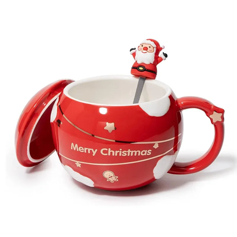 Creative cartoon Santa Claus spherical water cup with lid spoon mug Blue/Red household large-capacity ceramic cup Christmas cups Peaceful Pleasures Health and Wellness