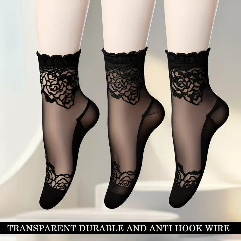 3 Pairs Women Sheer Lace Ankle Socks Thin Transparent Floral Mesh Short Socks Breathable Non-Slip Summer Dress Socks for Flats Peaceful Pleasures Health and Wellness 3pairs In Black One Size
