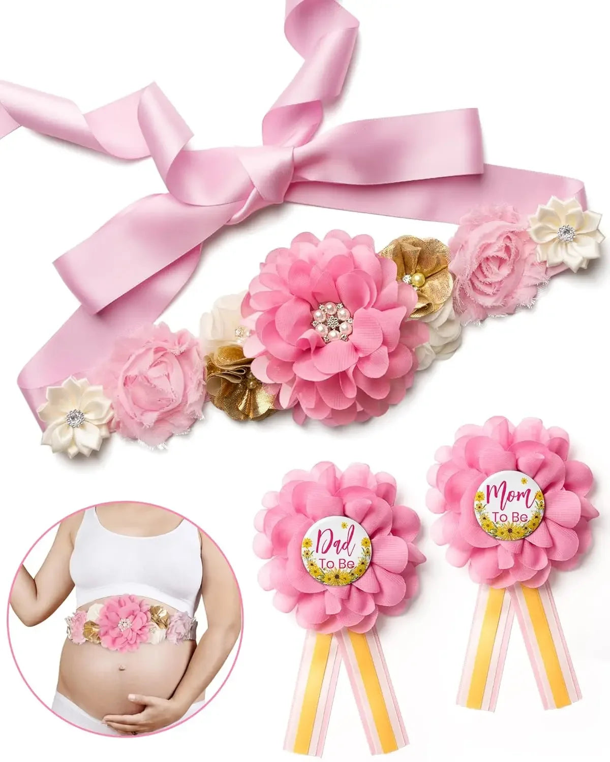 Flower Sash Set-Baby Shower Mom to Be Daddy to Be Corsage Pin- Belt for Maternity Dress Photo Props حزام Пояс Cinturón Ceinture Peaceful Pleasures Health and Wellness colors 7