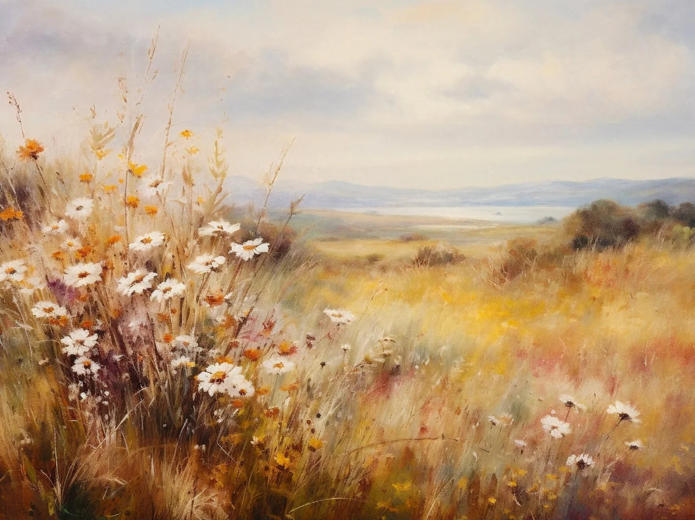 Wildflower Field Landscape Oil Poster Vintage Rustic Moody Autumn Country Scenery Canvas Painting Wall Art for Room Home Deco Peaceful Pleasures Health and Wellness