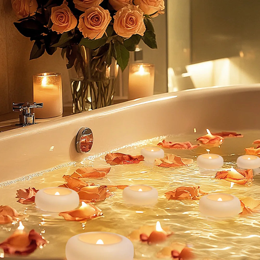 Flameless LED Floating Candles Battery Operated Tealights Romantic Warm White Light for Pool Bathtub Hot Bath Wedding Centerpiec Peaceful Pleasures Health and Wellness