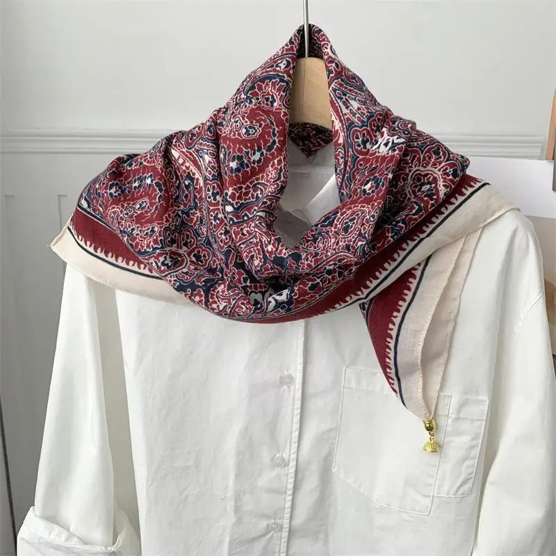 70x70 Retro Print Square Silk Scarf with Magnetic Buckle
