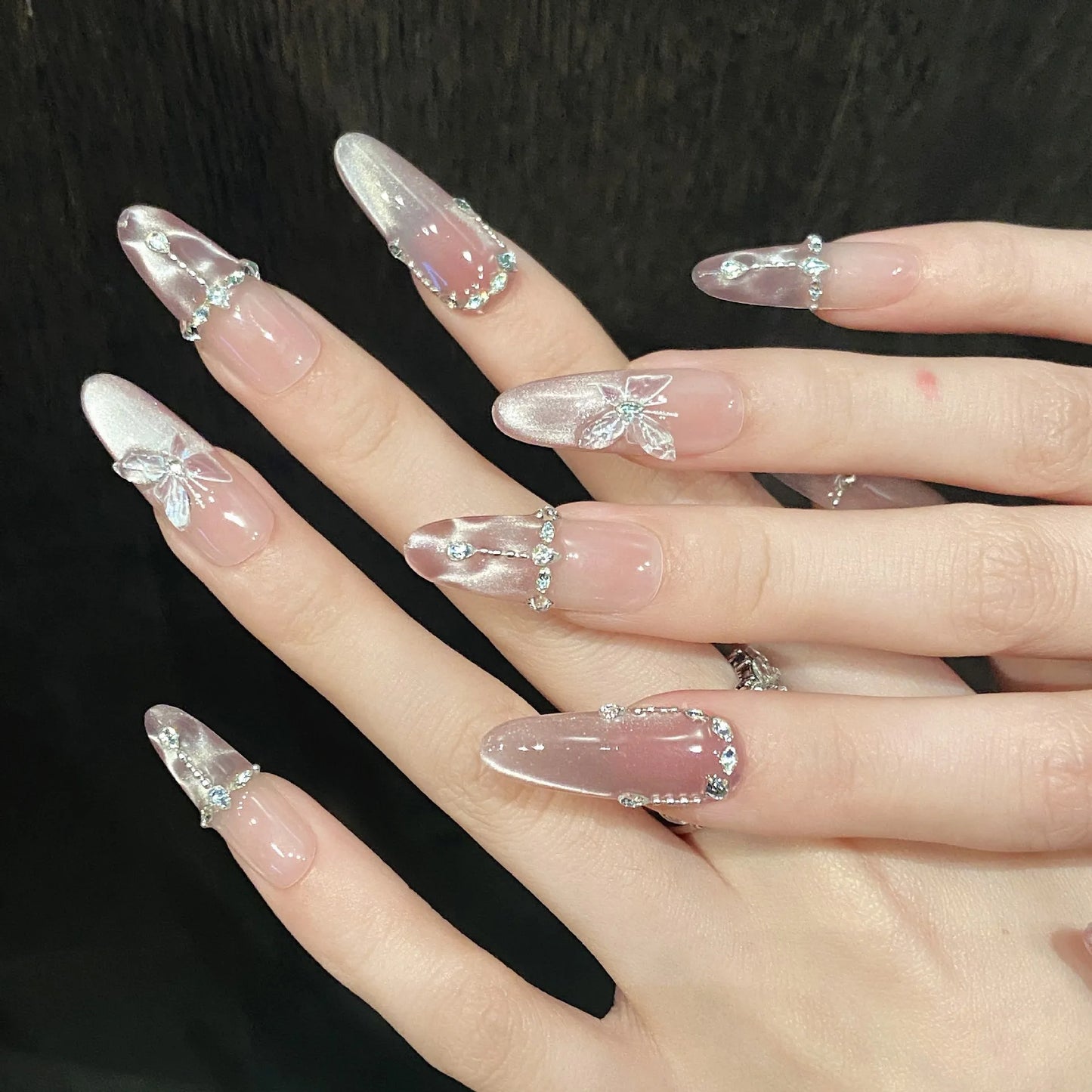 10pcs Handmade Press on Nails Pink Butterfly Design Fake Nails Wearable Reusable Glitter Cat Eye Sweet Korean False Nail Tips Peaceful Pleasures Health and Wellness