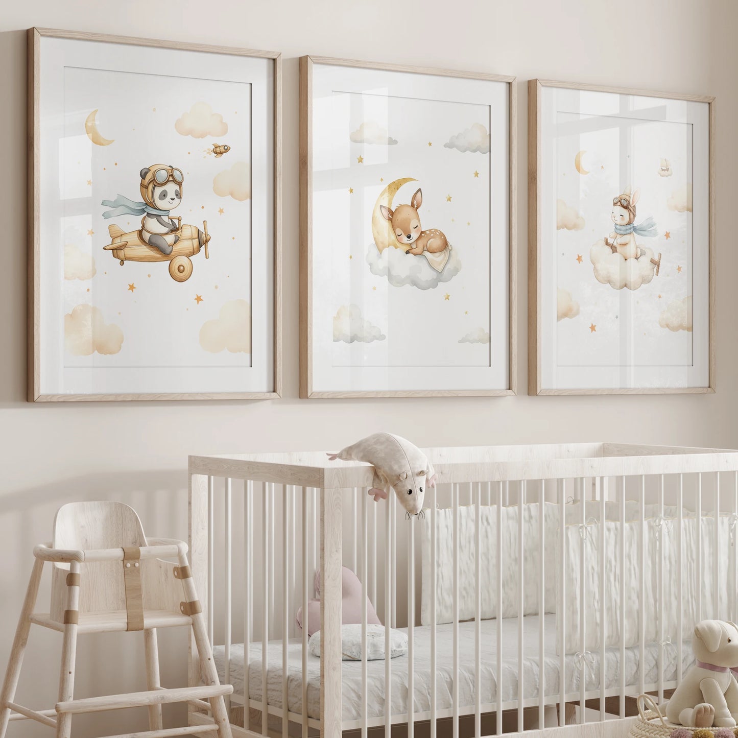Cartoon Watercolor Airplane Animals Canvas Wall Art | Kids Room