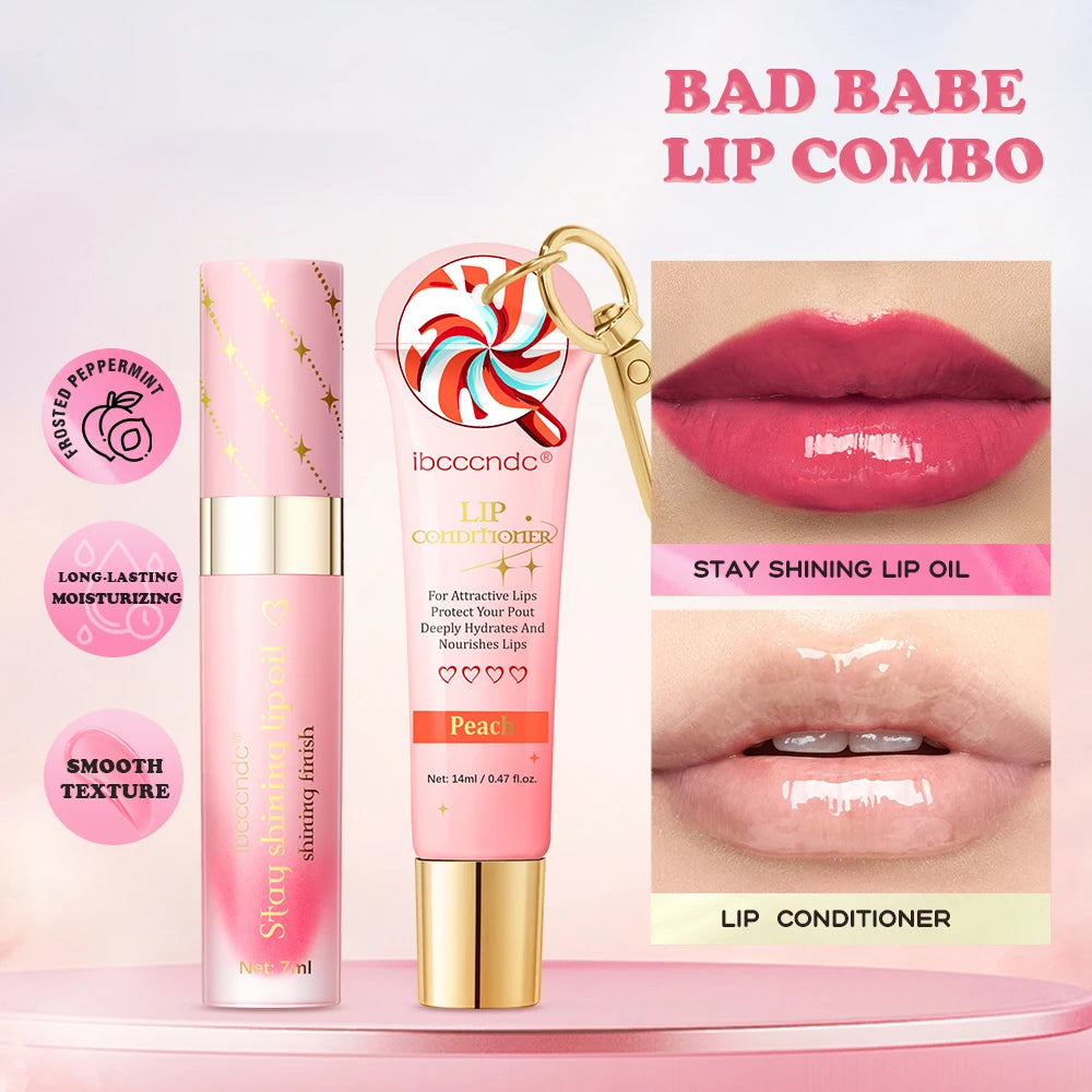 Bad Babe Lip Combo Peach and Clear Lip Gloss Combo with A Keychain Long Lasting Moisturizing Nourish Hydration Plumper Set Peaceful Pleasures Health and Wellness