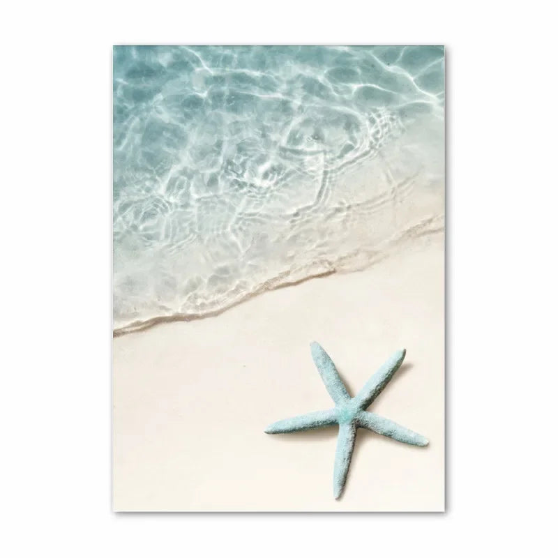 Scandinavian Simple Wall Art Summer Ocean Seashells Starfish Waves HD Canvas Poster Prints Home Bedroom Living Room Decoration Peaceful Pleasures Health and Wellness F 40x60cm Unframed