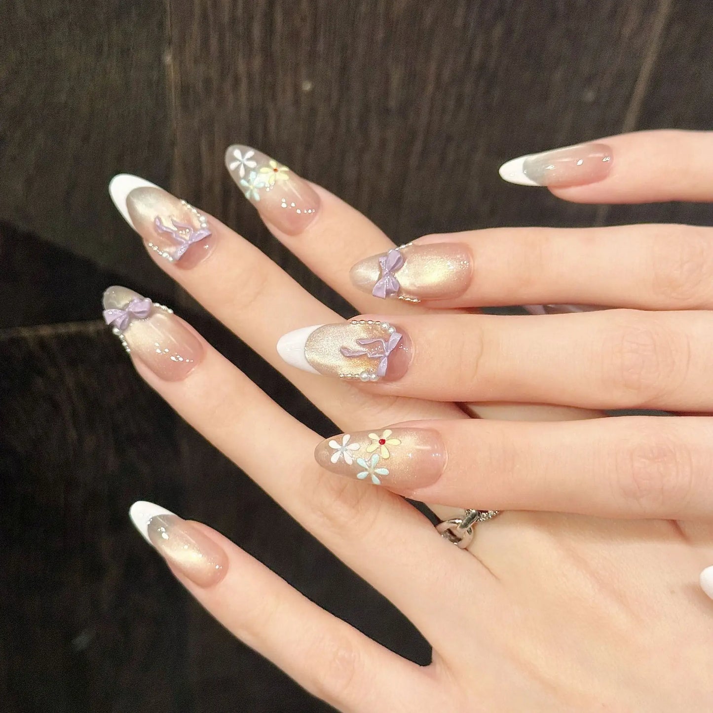 French Cat Eye Press On Nails | Purple Flower Almond Shape 10pcs