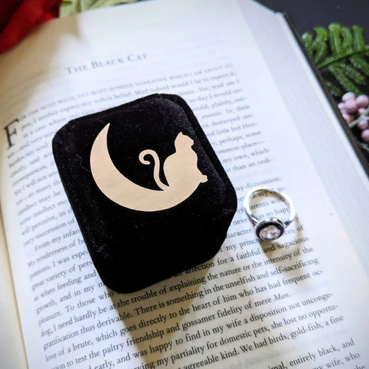Cat on Moon Black Velvet Ring Box | Gothic Halloween Proposal Velvet Ring Box Peaceful Pleasures Health and Wellness