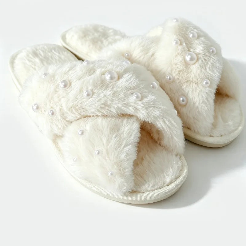 White Fluffy Pearl Slippers Wedding Bridesmaid Bridal Shower Bride Gift Maid of Honour Bachelorette Hen Party Supplies Proposal Peaceful Pleasures Health and Wellness Slippers 38-39