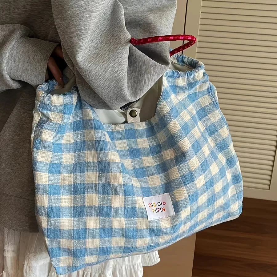 Korean Plaid Canvas Tote Bag – Large Women's Shoulder Handbag
