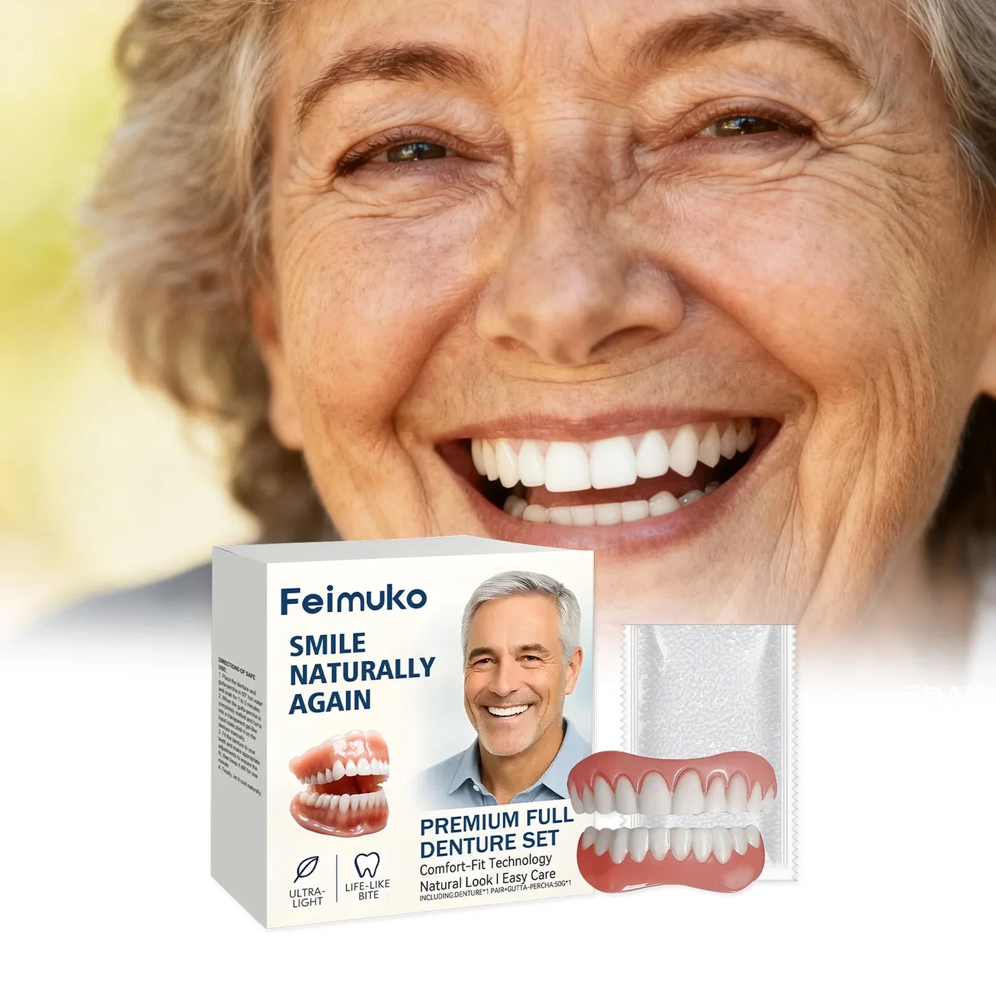 Adjustable Silicone Dentures Full Set – Natural Smile for Men & Women