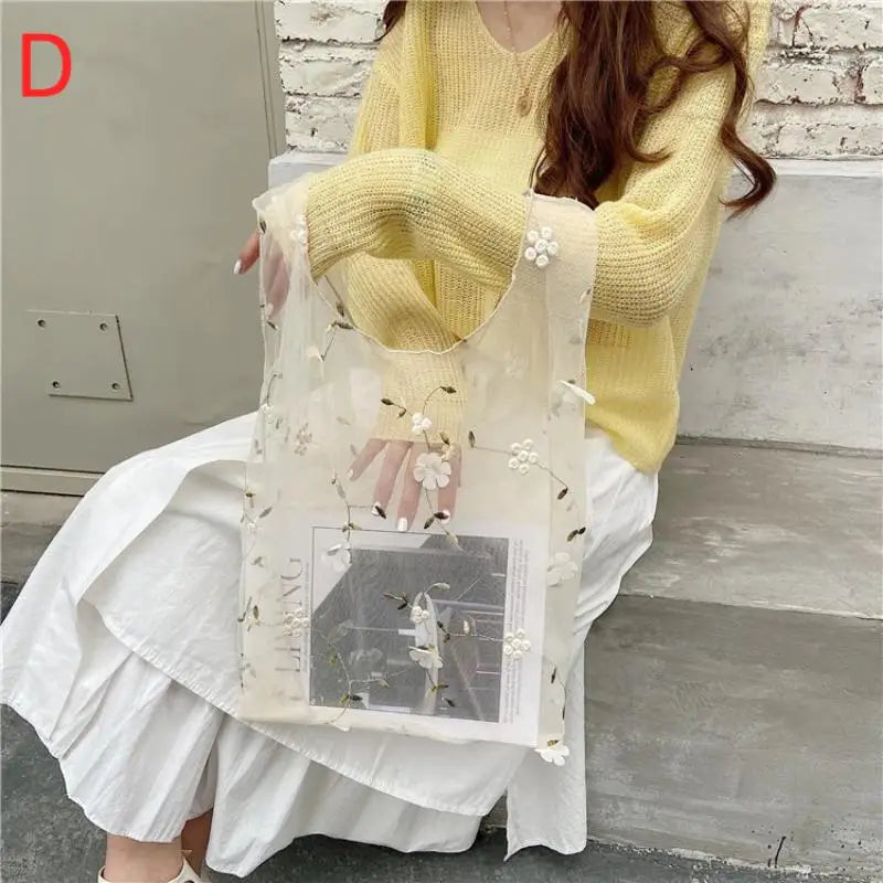 Mesh Embroidered Floral Tote Bag | Travel & Shopping Bag