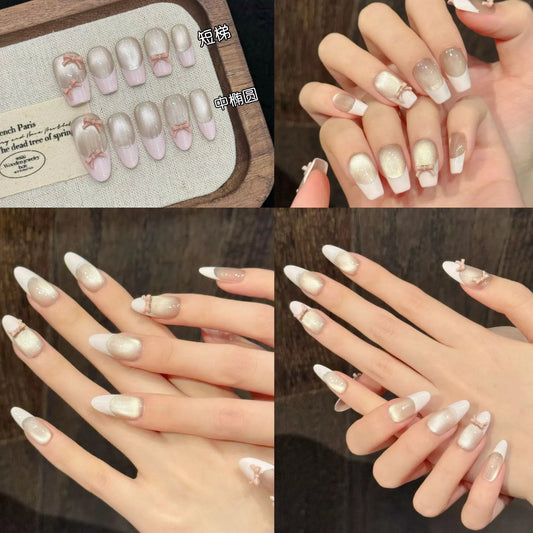 Pink Cat's Eye French Press-On Nails | Bow Almond Ballet 10pcs Press-On Nails Peaceful Pleasures Health and Wellness
