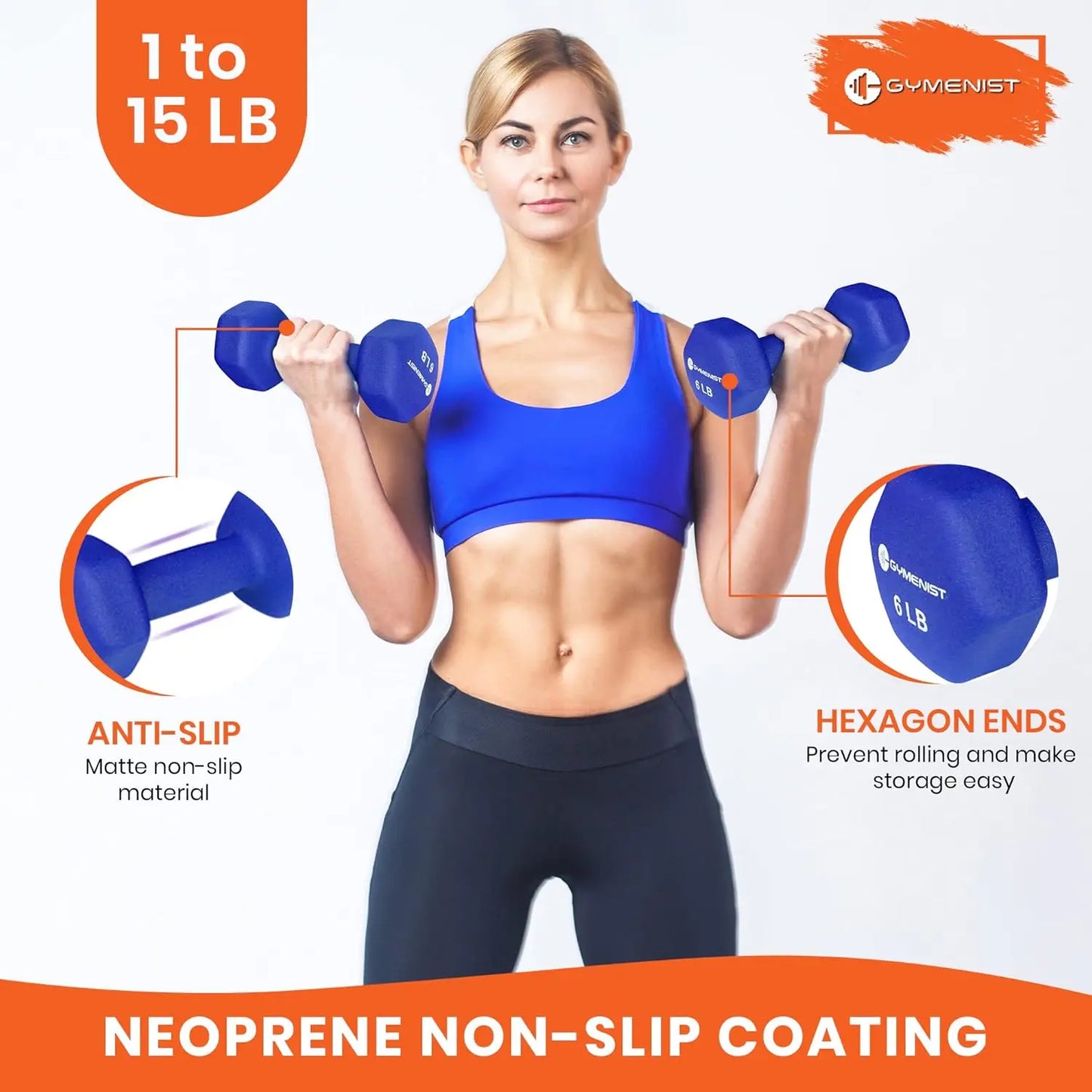 Woman holding blue dumbbells with product features highlighted on a white background