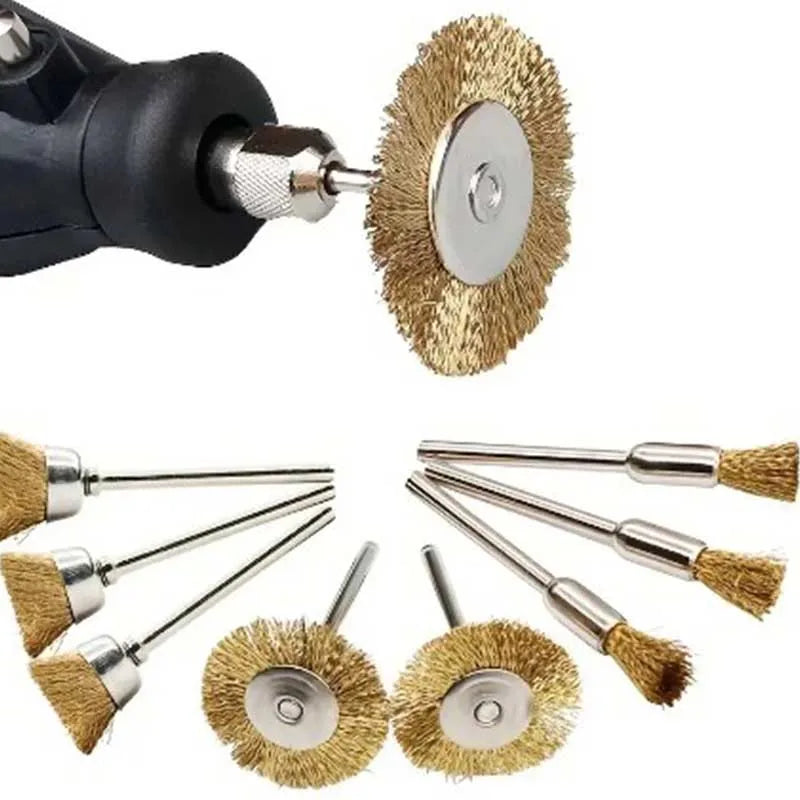 9pcs Steel Wire Brass Brush Rotary Tool Electric Dremel Drill Bit Polishing Grinding Wheel T-shaped Brush Accessories Peaceful Pleasures Health and Wellness