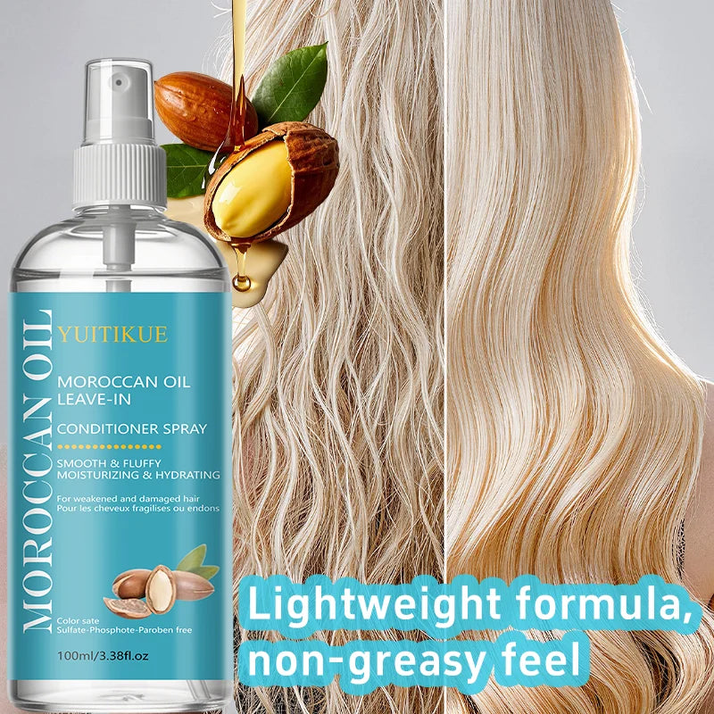 YUITIKUE Moroccan Oil Leave-In Conditioner Spray 100ml Smooth Fluffy Moisturizing Hydrating for Damaged Hair Peaceful Pleasures Health and Wellness