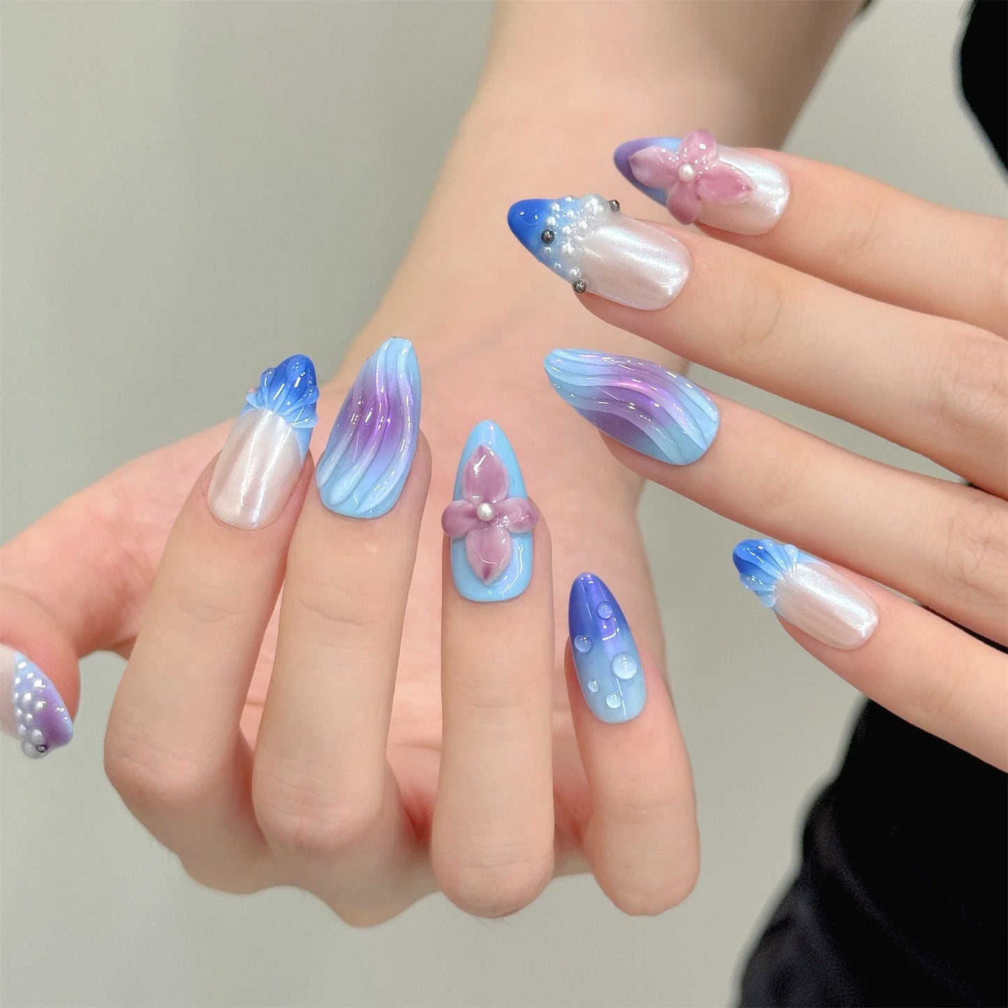 Aurora Press On Nails 3D Flower Glitter Pearl Almond Set 10pcs Press On Nails Peaceful Pleasures Health and Wellness