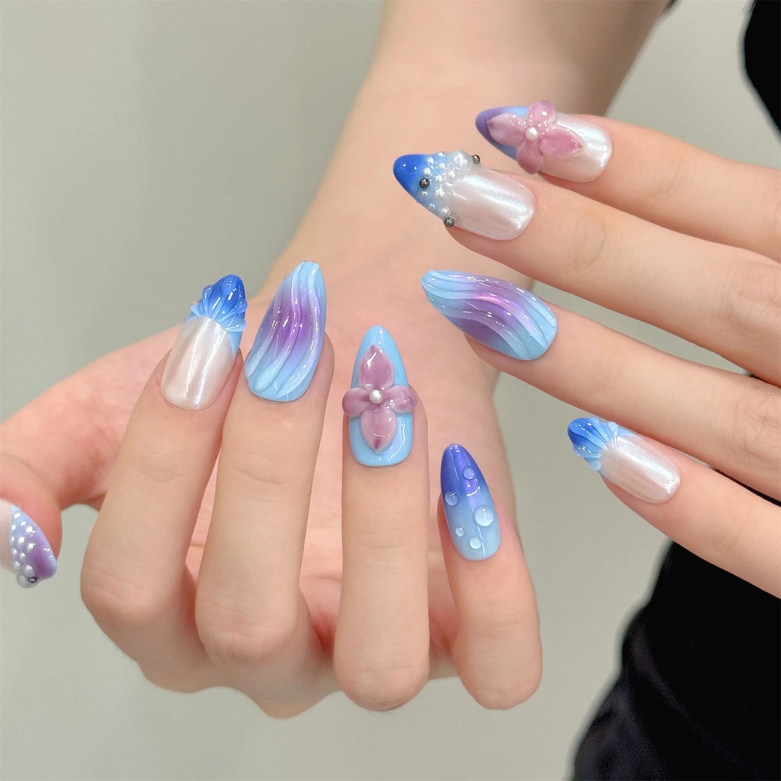 Aurora Press On Nails 3D Flower Glitter Pearl Almond Set 10pcs Press On Nails Peaceful Pleasures Health and Wellness