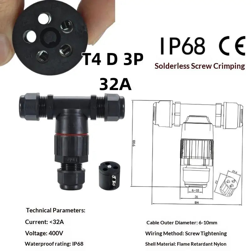 1Pc T Shape Waterproof Electric Connector Quick Screw Connect Push-in Terminals IP68 2/3/4/5Pin For Junction Box Wire Connector Peaceful Pleasures Health and Wellness T4 D 3PIN 32A