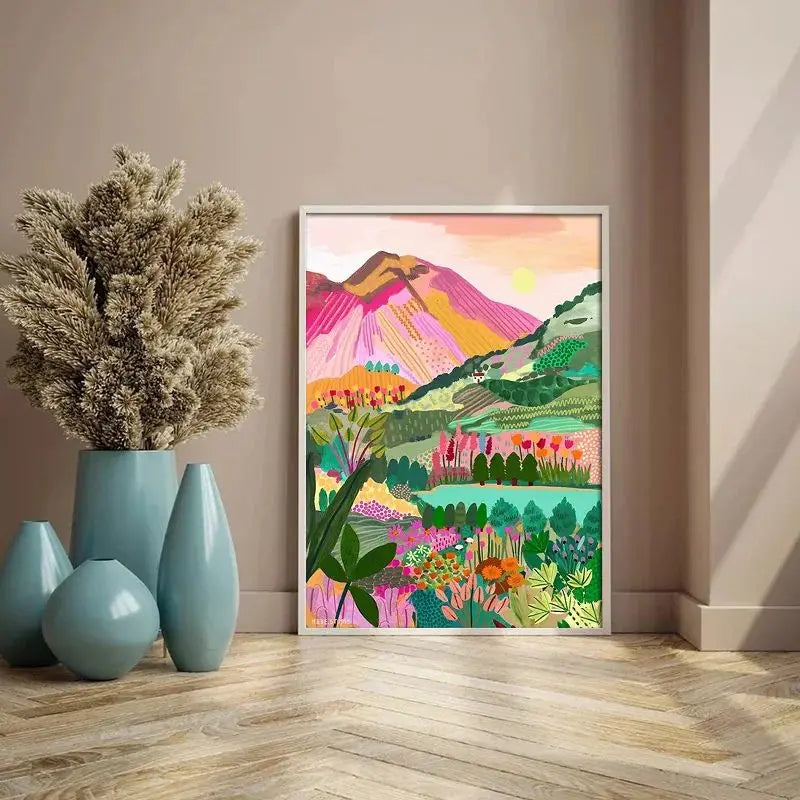 Nordic Flowers Mountain Lake Colorful Nature Landscape Travel Poster Canvas Print - Abstract Wall Art for Room Home Decor Peaceful Pleasures Health and Wellness