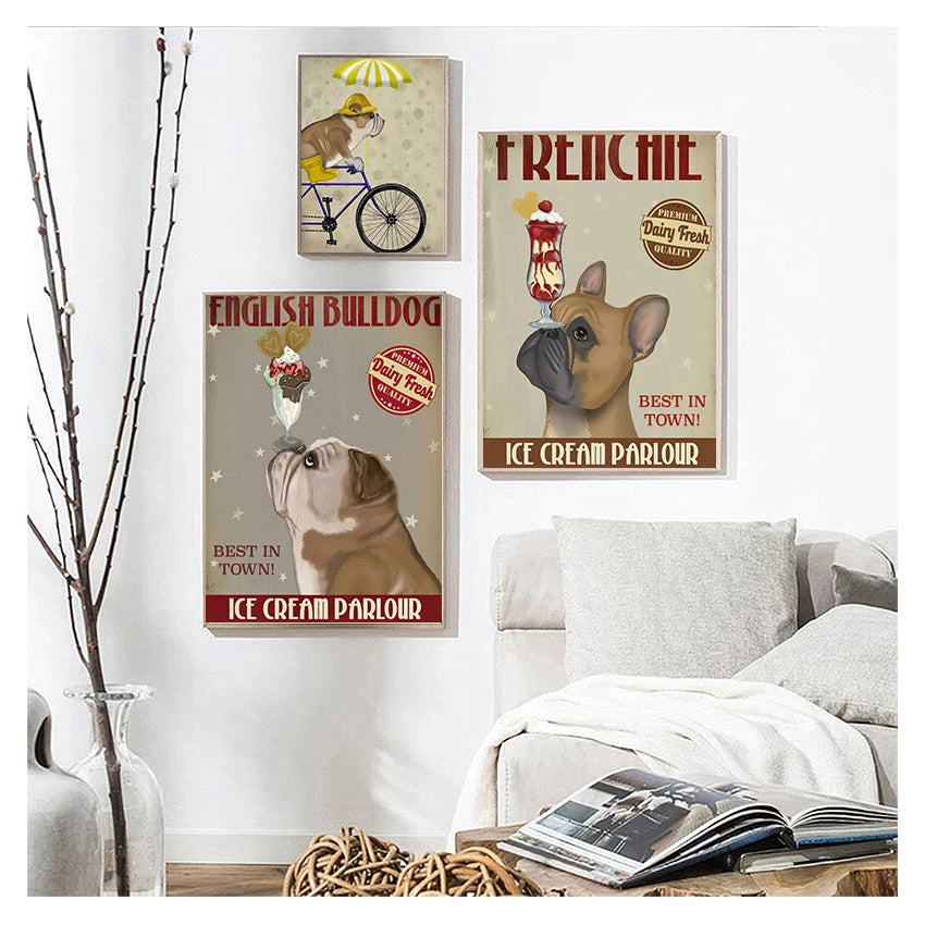 English Bulldog Ice Cream Retro Canvas Wall Art | Unframed