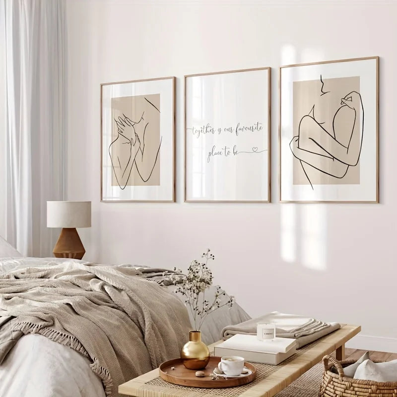 3 Pieces Beige Canvas One Line Drawing Couple Prints - Modern Together Is Our Favourite Place To Be Unframed Wall Art Peaceful Pleasures Health and Wellness