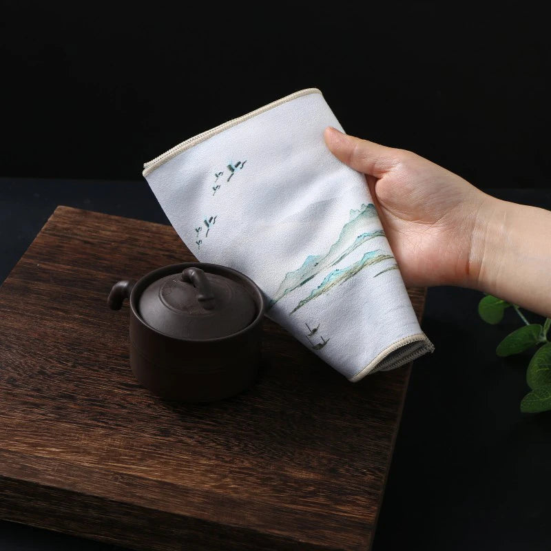 1pc Kung Fu Tea Towel with Ancient Style Thick and Absorbent Multifunctional High-end Painted Tea Cloth Peaceful Pleasures Health and Wellness
