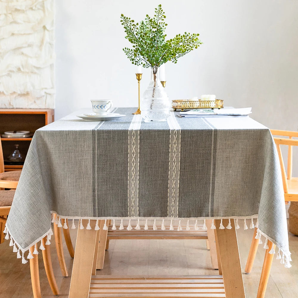 Battilo Linen Cotton Tablecloth | Striped Tassel Table Cover