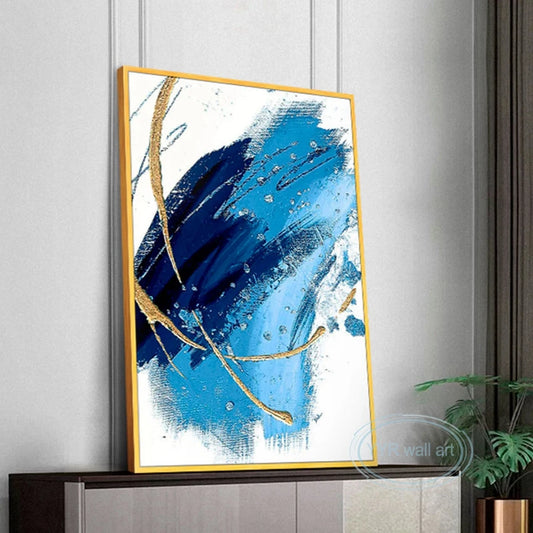 Canvas Wall Art Blue Oil Painting Handmade Gold Leaf Aesthetics Mural Living Room Bedroom Restaurant Porch Luxury Decor Poster Peaceful Pleasures Health and Wellness