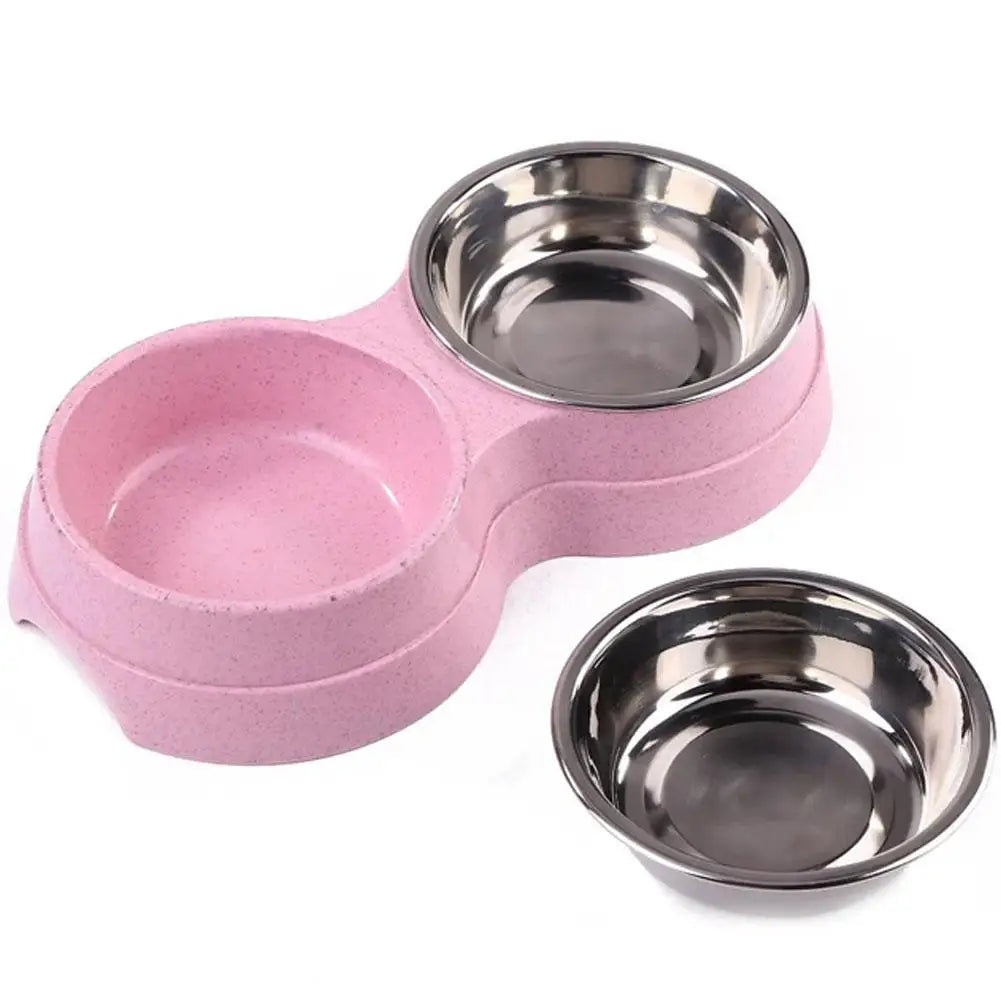 Colorful Wheat Straw Base Stainless Steel Pet Tableware Healthy Safe Double Bowl Feeding Set Liner Cat Dog Drinking Feeding Bowl Peaceful Pleasures Health and Wellness