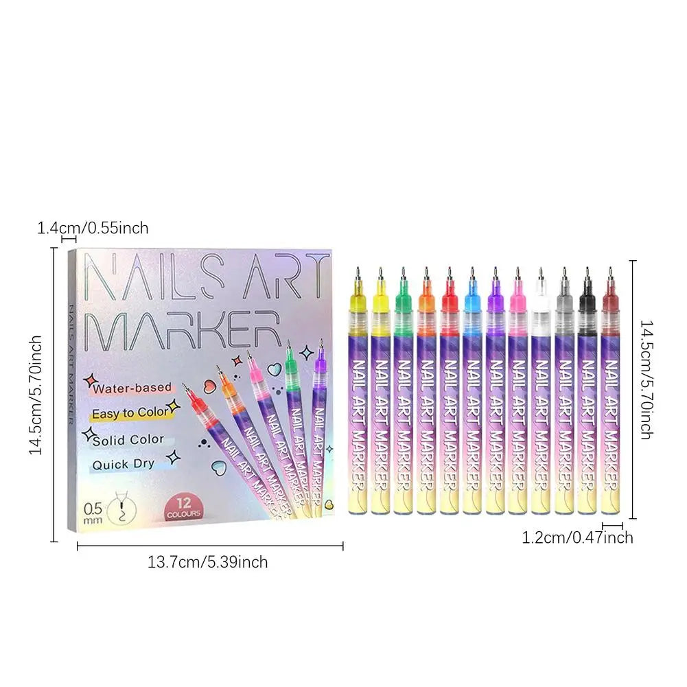 12-Piece Nail Art Graffiti Pen Set – Waterproof Colour Markers
