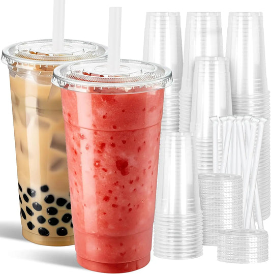 32oz Clear Plastic Cups with Flat Lids Boba Tea Straws BPA Free Premium Crystal 1L Smoothie Cup Lemonade Milkshake Huge Cups Peaceful Pleasures Health and Wellness
