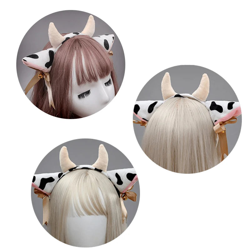 Cartoon Plush Cow Ears Horn Headband Small Bells Ribbon Bow Anime