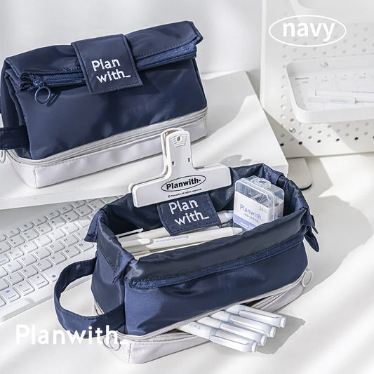 Double-layer Storage Pen Case Simple High Appearance Level Large Capacity Niche Stationery Bag School Supplies Desk Accessories Peaceful Pleasures Health and Wellness Dark Blue -1pcs