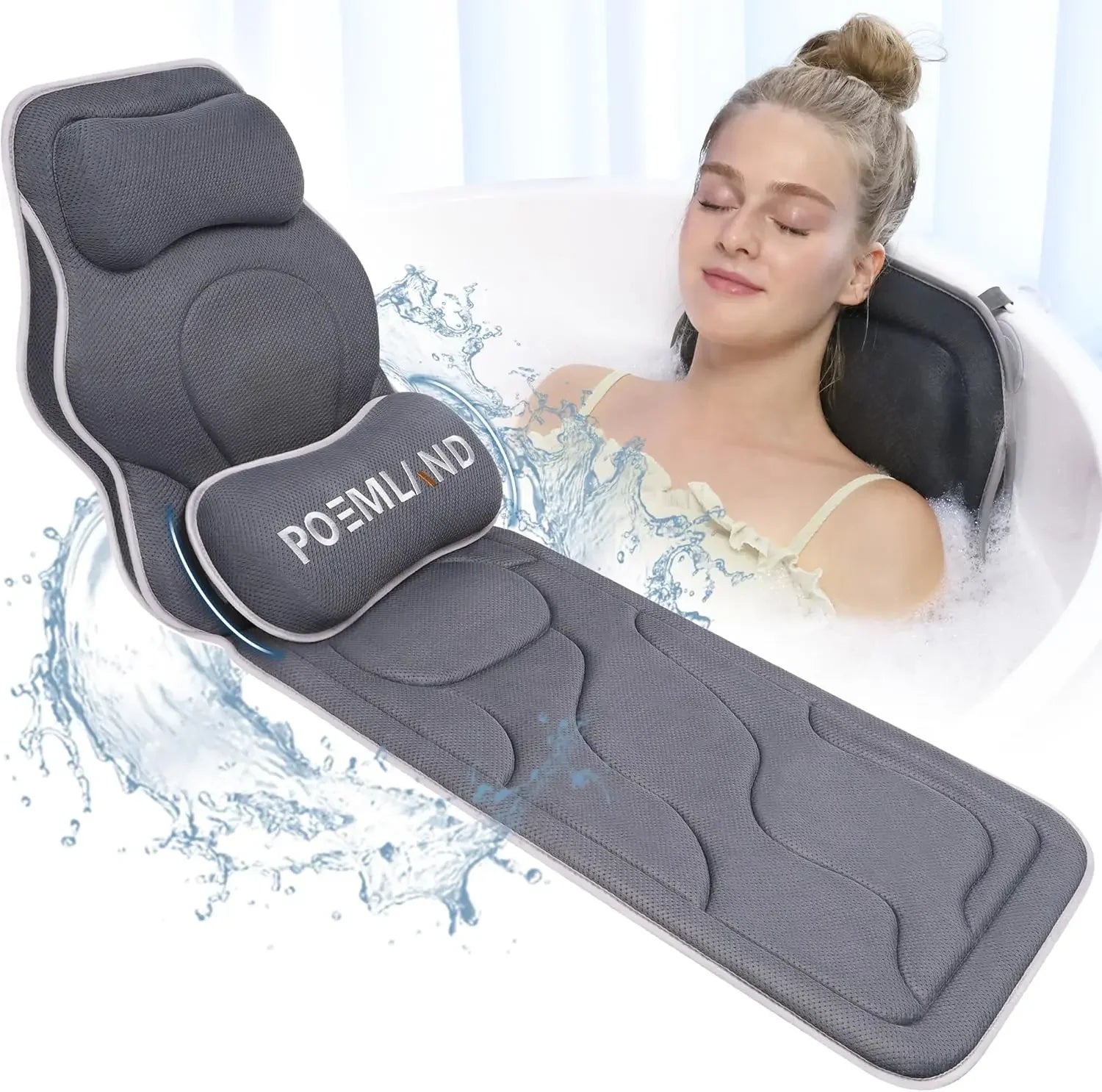 Extra Long Bath Pillow with Head, Back & Lumbar Support, 168 Suction Cups, Soft Mesh for All Tubs - Gray Peaceful Pleasures Health and Wellness United States