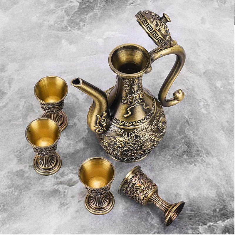 6 Pcs set Dragon and Phoenix Wine Set Tea Pot Home Party Decorative With 4 Cup Set Coffee Tea Serving Pot With Round Shaped Tray Peaceful Pleasures Health and Wellness