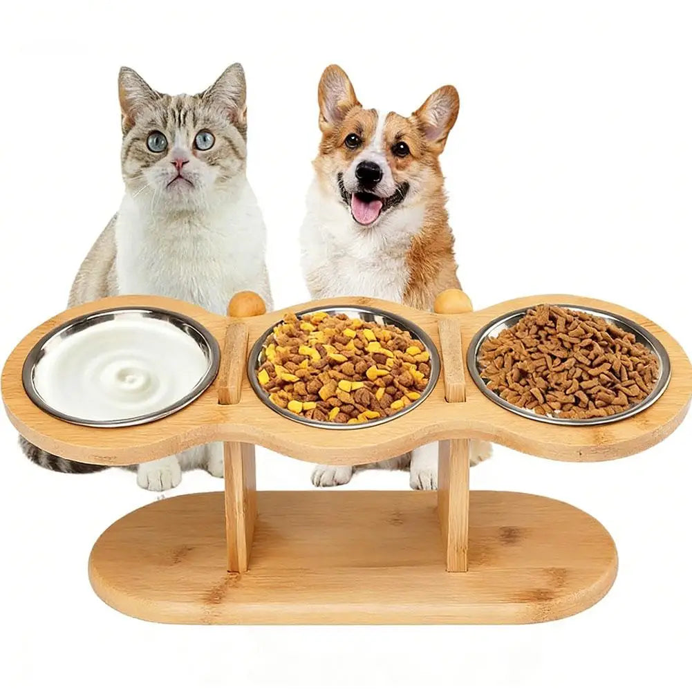 Elevated Wood Pet Feeder with 3 Stainless Steel Bowls | Cat & Dog