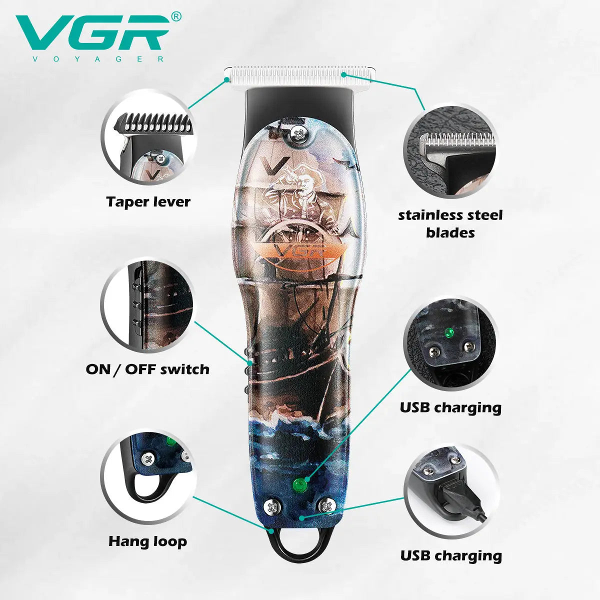 VGR V-953 Low Noise Beard Trimmer and Hair trimmer Professional Hair trimmer Charging wireless Personality Graffiti trimmer Peaceful Pleasures Health and Wellness