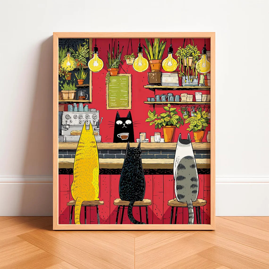 Whimsical Cat Cafe Illustration Poster, Retro Kitchen Wall Art With Tabby, Calico, And Black Barista Cats High Resolution Digita Peaceful Pleasures Health and Wellness TR261101-2 20x30cm Unframed