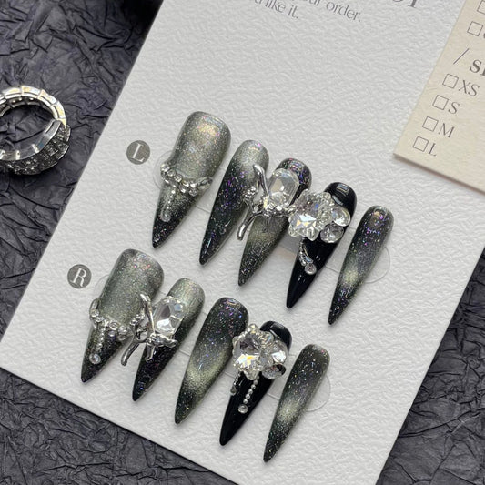 Gothic Black Silver Press-On Nails | Long Crystal Stiletto Set Press-On Nail Set Peaceful Pleasures Health and Wellness