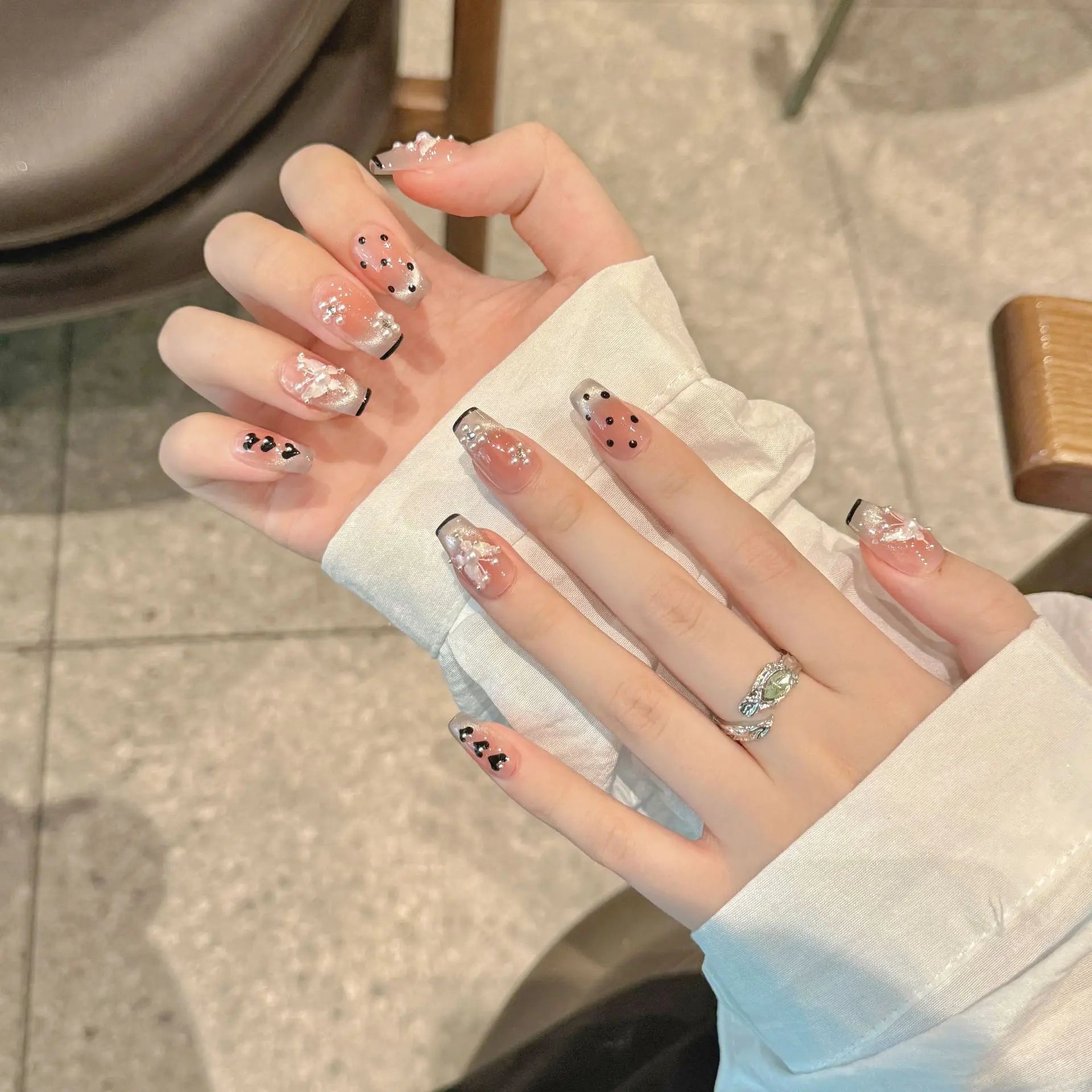 Handmade Press on Nails Fairy White Butterfly Decor Fake Nails Wearable Full Cover Sweet Blush Short French Cat Eye False Nails Peaceful Pleasures Health and Wellness M