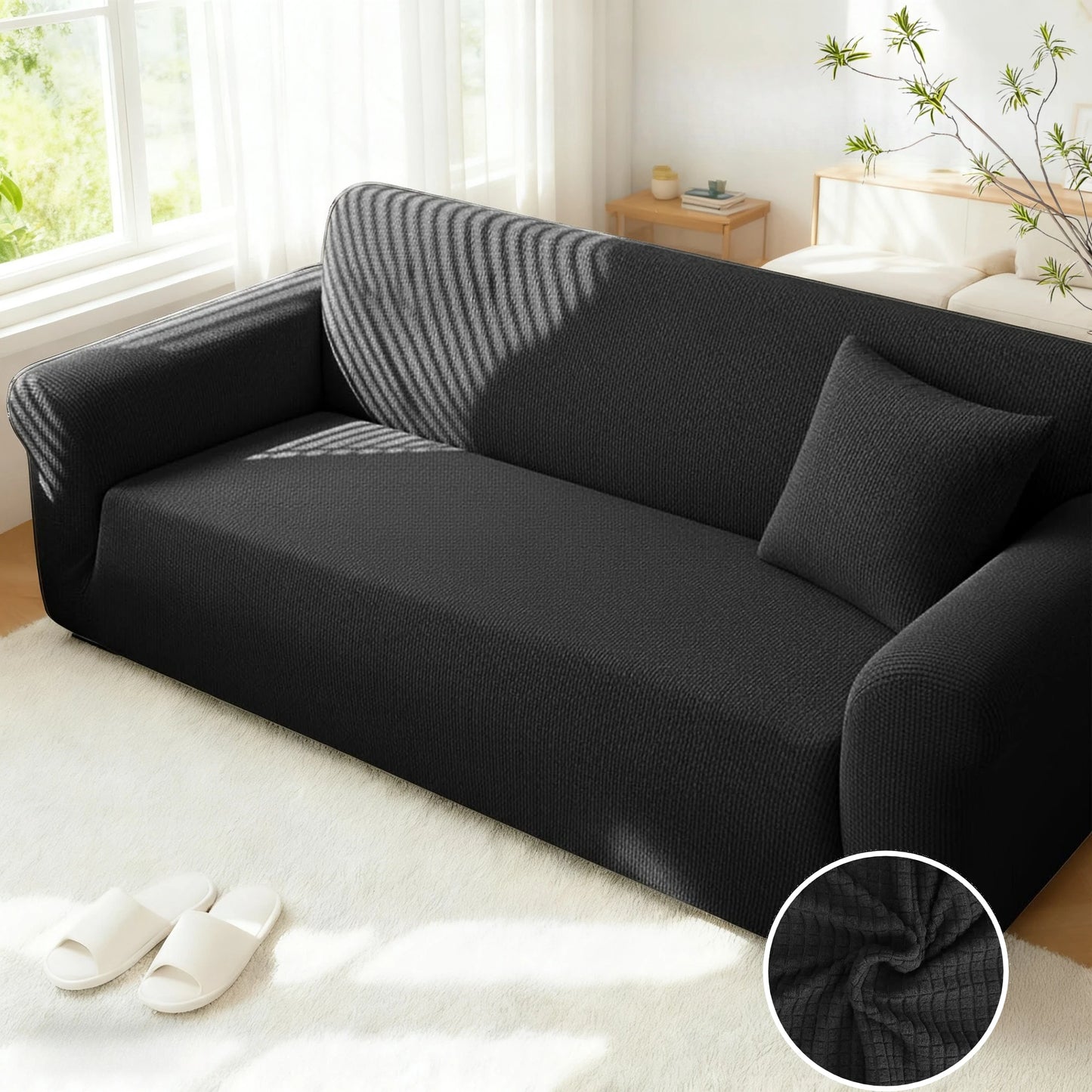 Jacquard Sofa Cover For Living Room Elastic Thick Jacquard Sofa Cover For L-shaped Corner Sofa Cover 1/2/3Seater with Pillowcase Peaceful Pleasures Health and Wellness Black Mini Grid 1 Seater 90-140cm