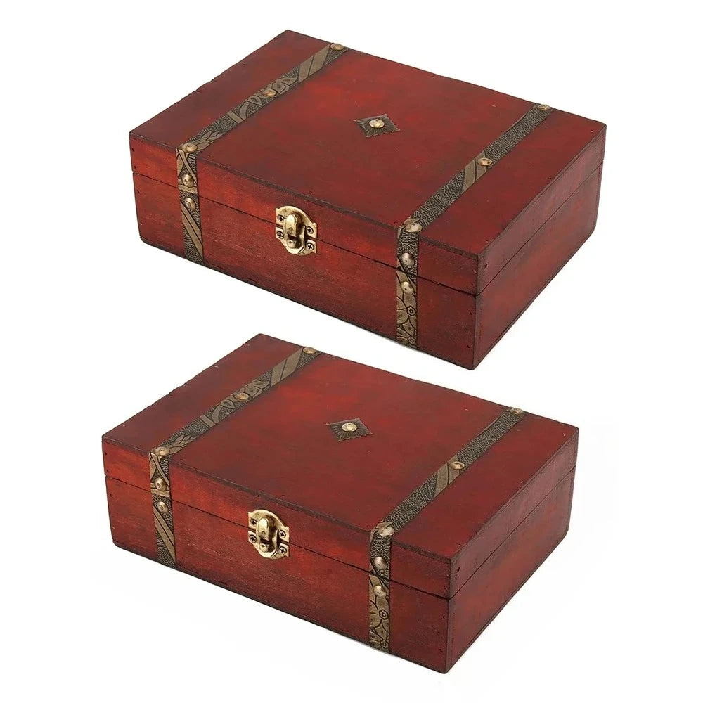 Retro Wooden Storage Box with Metal Clasp, Vintage Keepsake Case for Jewelry Rings Coins, Wood Craft Organizer Home Decor Peaceful Pleasures Health and Wellness 2pcs