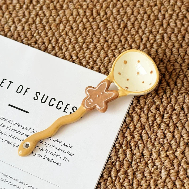 High Aesthetic Ceramic Long Handled Spoon Cute Baking Bread and Biscuit Design Household Rice Spoon Soup Spoon Underglaze Color Peaceful Pleasures Health and Wellness E