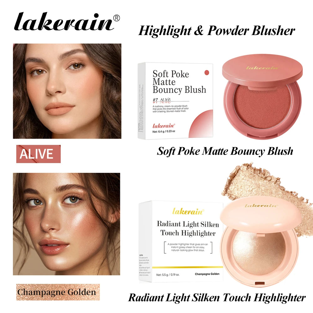 Matte Blush & Silken Touch Highlighter Set Smooth Texture Non-Flying Powder Fine Pearl Glow Waterproof Long Lasting Face Makeup Peaceful Pleasures Health and Wellness A